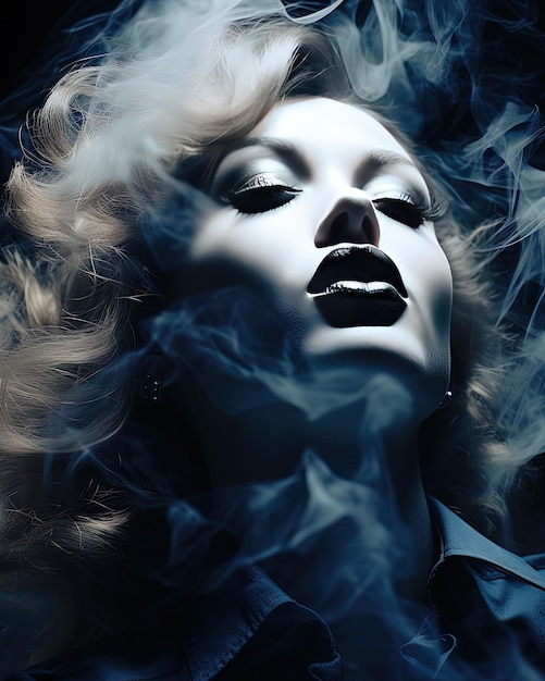 a woman with blonde hair and blue eyes and smoke.