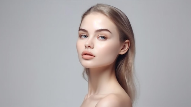 A woman with blonde hair and blue eyes stands in front of a white background