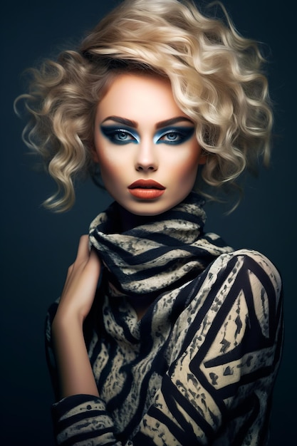 Woman with blonde hair and blue eyeshades wearing black and white scarf Generative AI