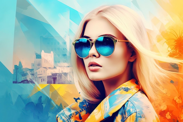 A woman with blonde hair and blue sunglasses