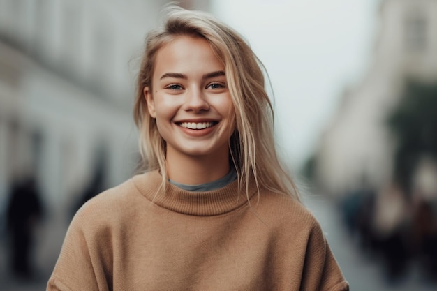 A woman with blonde hair and a brown sweater smiles for the camera.