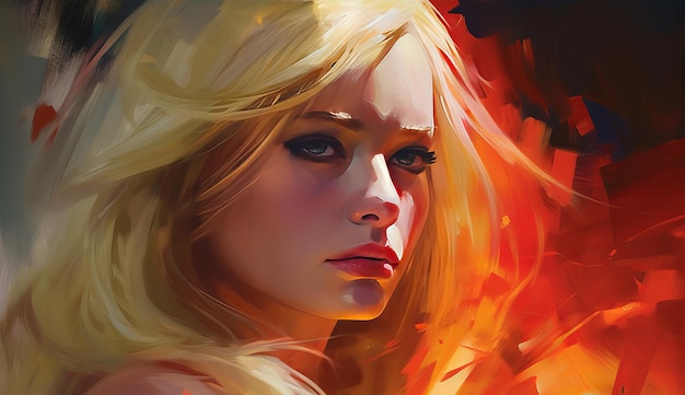 A woman with blonde hair and a burning fire on her face