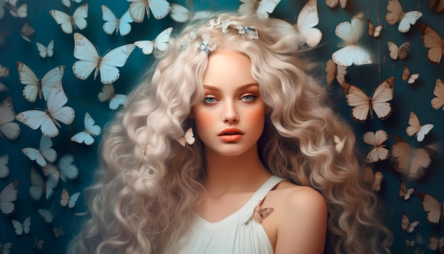 ブロンドの髪と頭に蝶を持つ女性