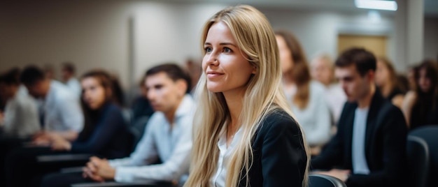 Foto una donna con i capelli biondi in una classe con altre persone sullo sfondo