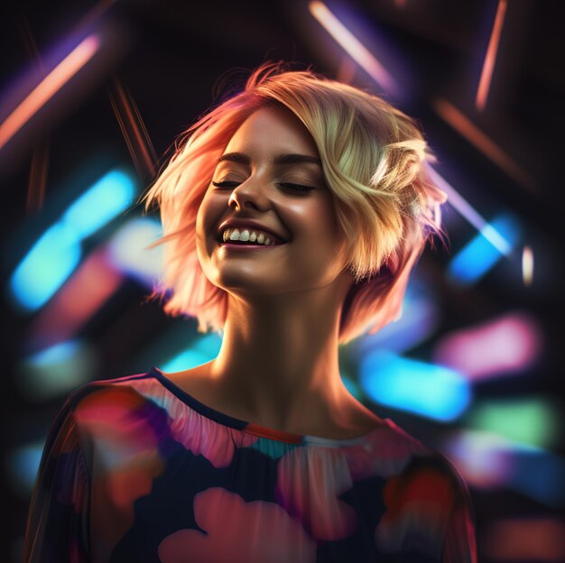 a woman with blonde hair and a colorful shirt is smiling.