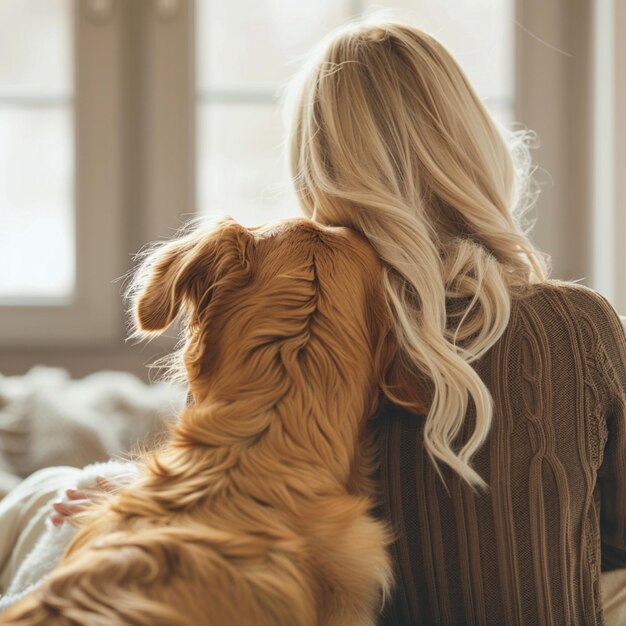 a woman with blonde hair and a dog with the words  the dog  on the back