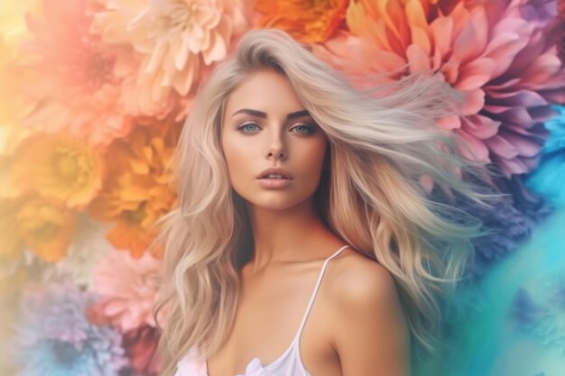 A woman with blonde hair and a flower background