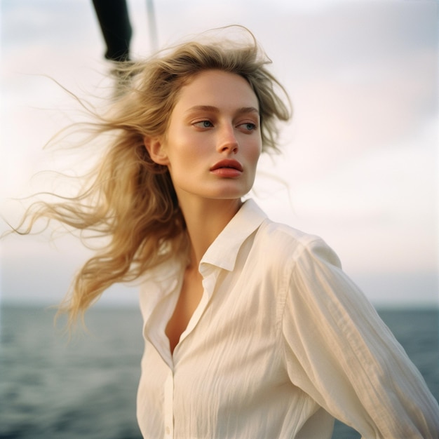 a woman with blonde hair flying in the wind.