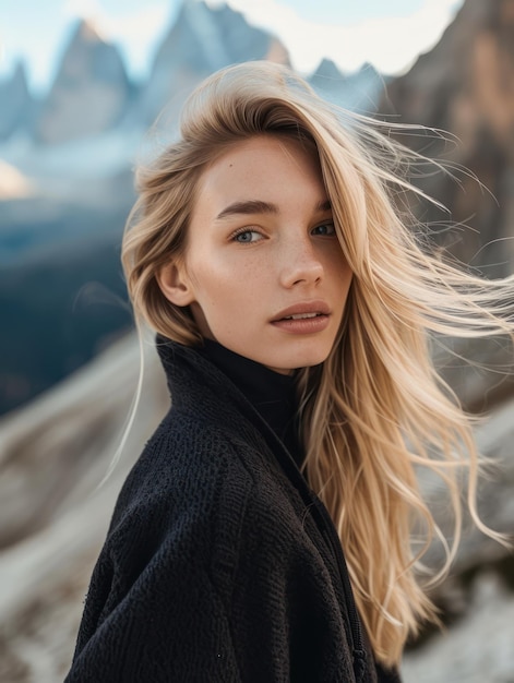 a woman with blonde hair in front of a mountain