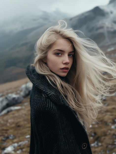 a woman with blonde hair in front of a mountain