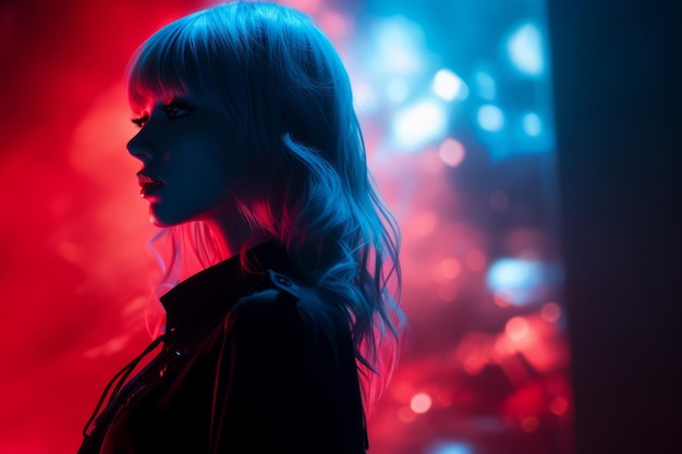 a woman with blonde hair in front of red and blue lights
