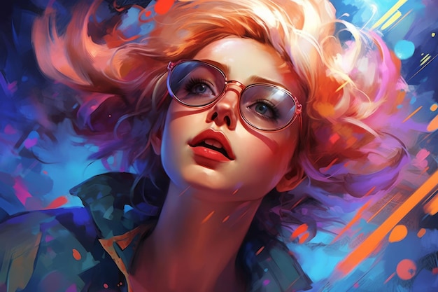 A woman with blonde hair and glasses looking up at the sky.