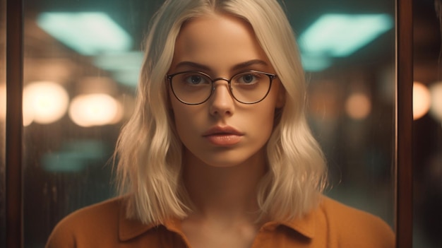 A woman with blonde hair and glasses looks into t