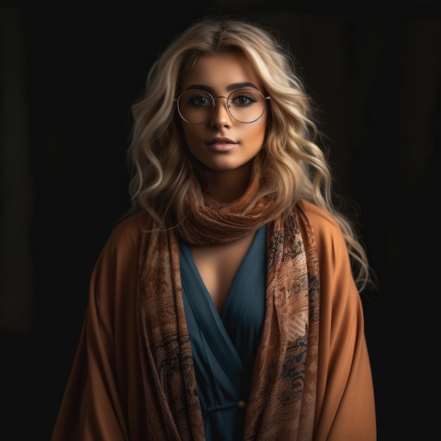 A woman with blonde hair and glasses stands in front of a black background.