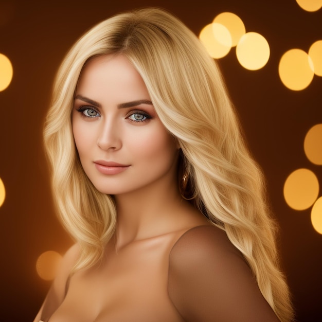 A woman with blonde hair and a gold background