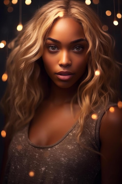 A woman with blonde hair and a gold light in the background