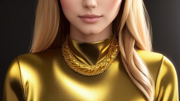 A woman with blonde hair and a gold necklace