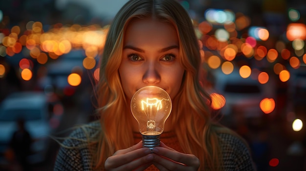 A woman with blonde hair holding a light bulb in front of her face