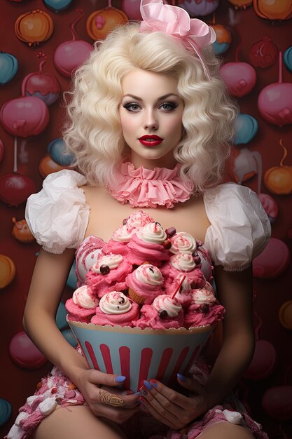 a woman with blonde hair is holding a cake with a cupcake in front of it