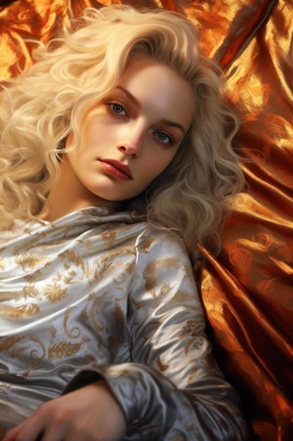 A woman with blonde hair is laying on a bed with a gold cover.