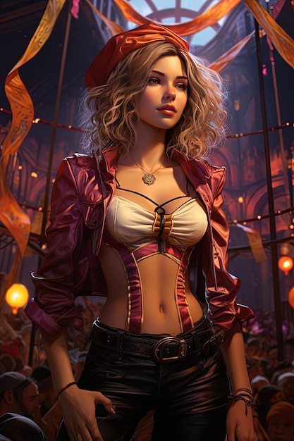 a woman with blonde hair is posing in a photo with a pirate on her chest