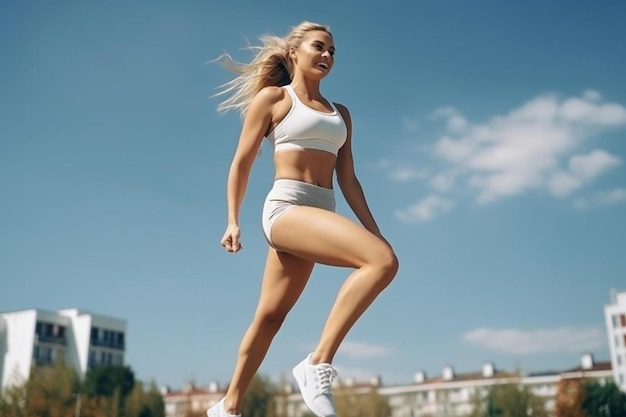 a woman with blonde hair is running in the air with her hair blowing in the wind