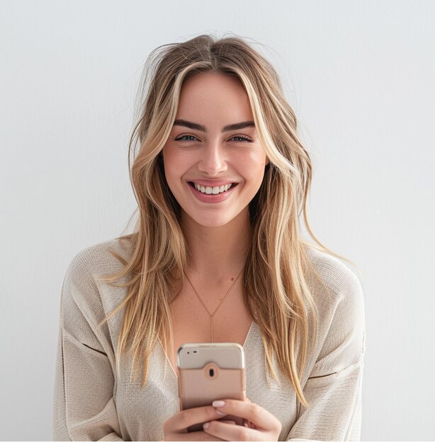 Foto una donna con i capelli biondi sta sorridendo e guardando un telefono