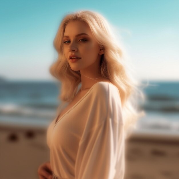 a woman with blonde hair is standing on the beach.