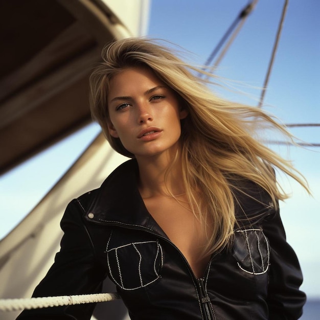 A woman with blonde hair is standing on a boat.