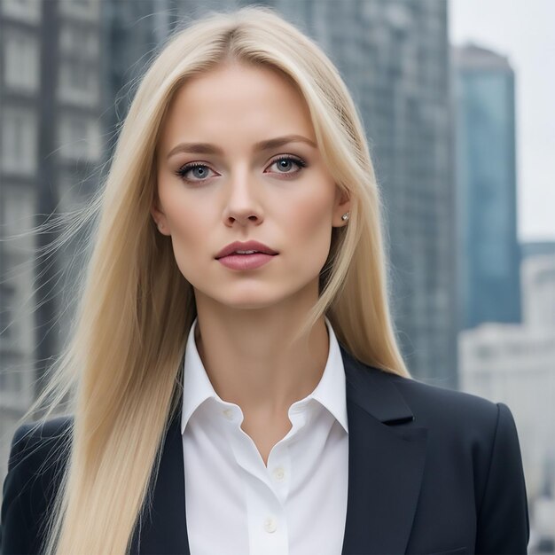 a woman with blonde hair is standing in a city