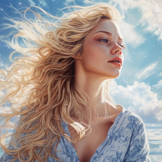 A woman with blonde hair is standing in front of a blue sky.