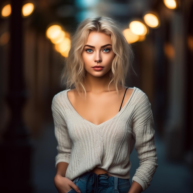 A woman with blonde hair is walking down a street.