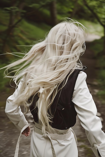 Photo a woman with blonde hair is walking in the rain