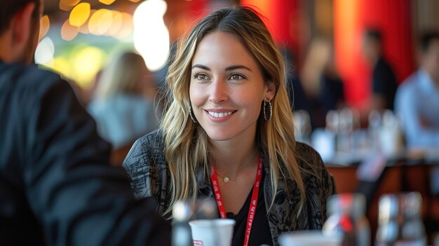 a woman with blonde hair and a lanyard around her neck