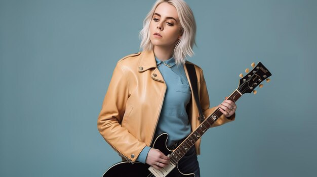 A woman with blonde hair and a leather jacket plays a guitar.