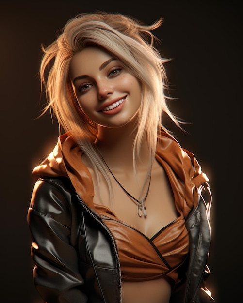 a woman with blonde hair and a leather jacket