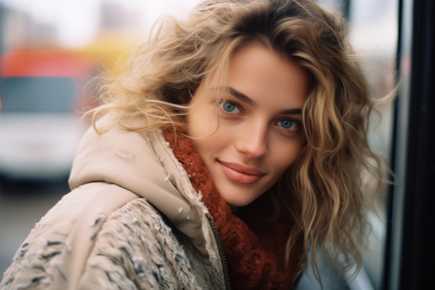 a woman with blonde hair looking at the camera