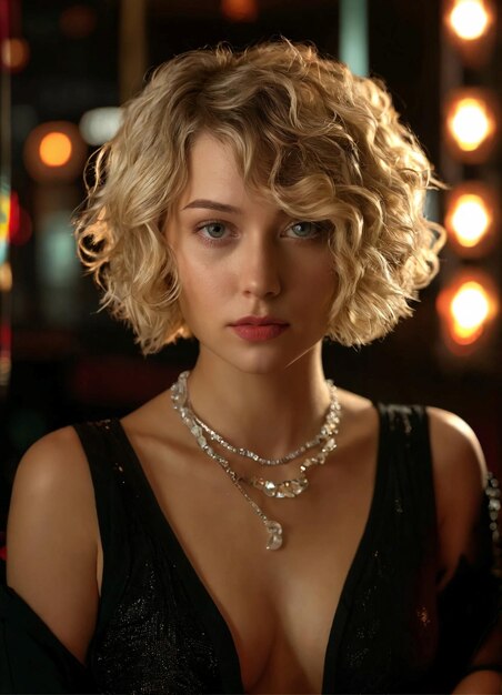 a woman with blonde hair and a necklace with a necklace on it