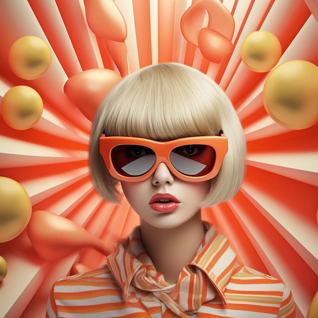 a woman with blonde hair and orange sunglasses is wearing a red frame