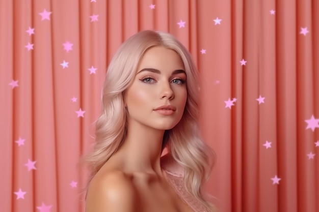 A woman with blonde hair and a pink background with stars