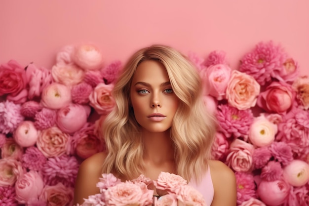 A woman with blonde hair and a pink flower background