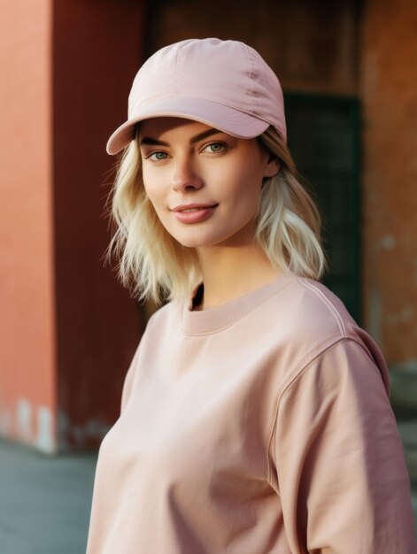 Foto donna con i capelli biondi e il cappello rosa
