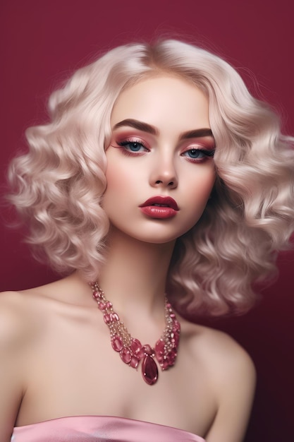 A woman with blonde hair and a pink necklace