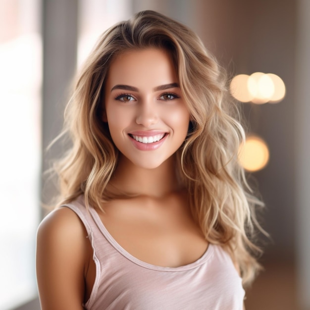 a woman with blonde hair and a pink shirt is smiling