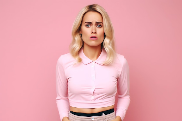 A woman with blonde hair and a pink shirt stands in front of a pink background.