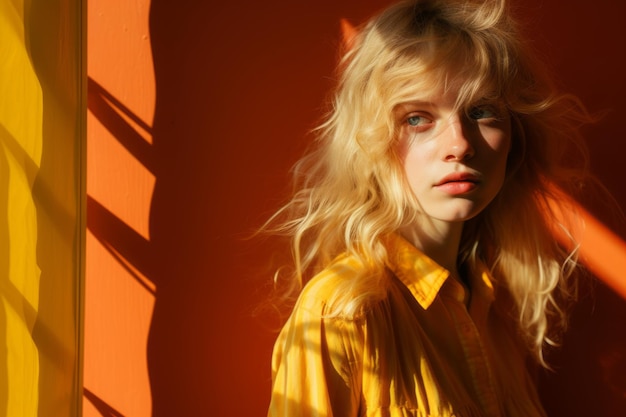 a woman with blonde hair posing in front of a wall