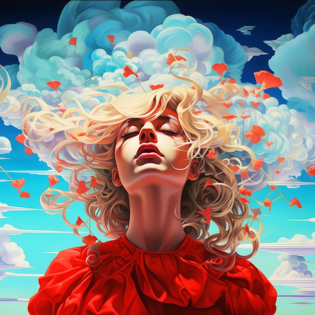 Photo a woman with blonde hair and red flowers in the sky.