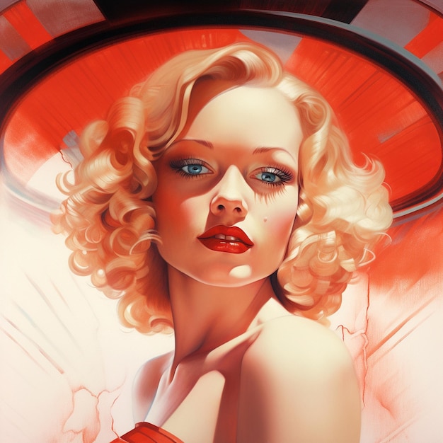 A woman with blonde hair and red lipstick is in a red and white photo.