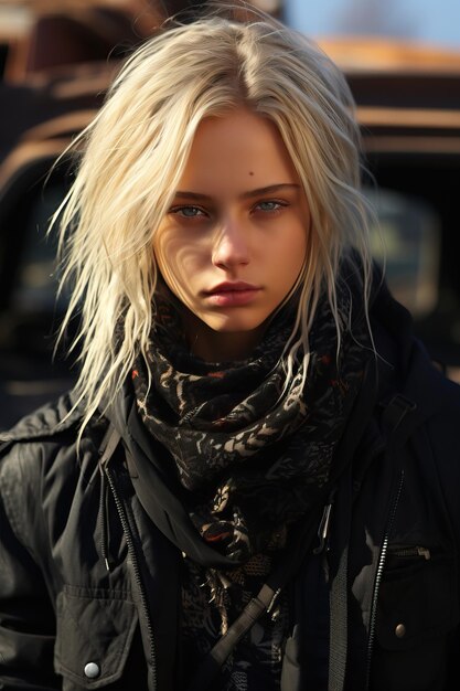 a woman with blonde hair and a scarf