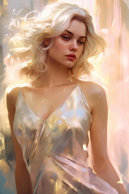 A woman with blonde hair and a silver dress